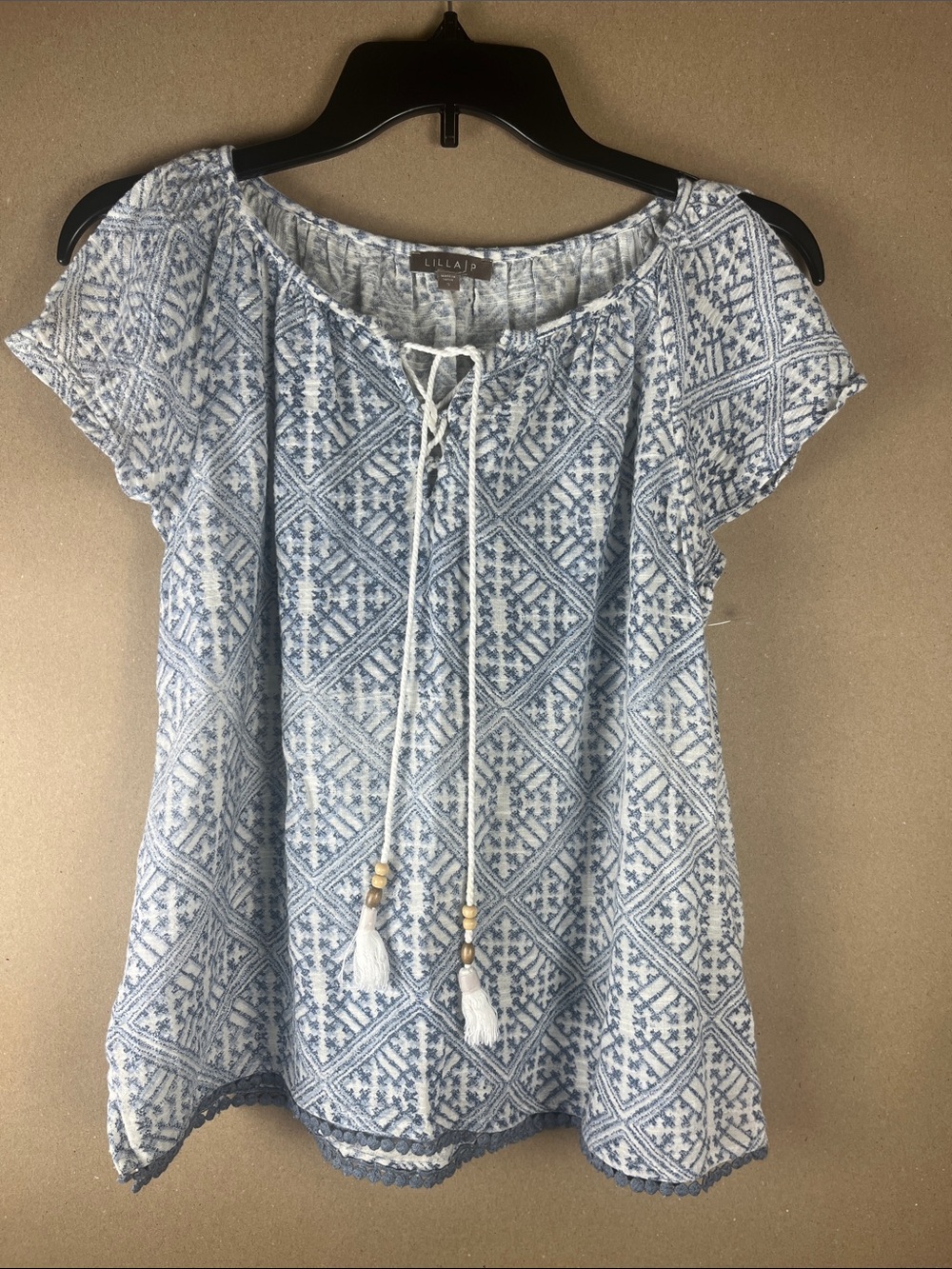 Lilla P Blue White Cotton Peasant Blouse Tassel Tie Crochet Hem Resort Wear S
